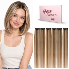 Clip in Human Hair Extension 10" Straight Medium Brown Dark Blonde Highlight 6pc