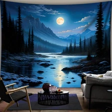 1pc Large Horizontal Night Forest Lake Tapestry - Serene Moonlit Mountain Landsc