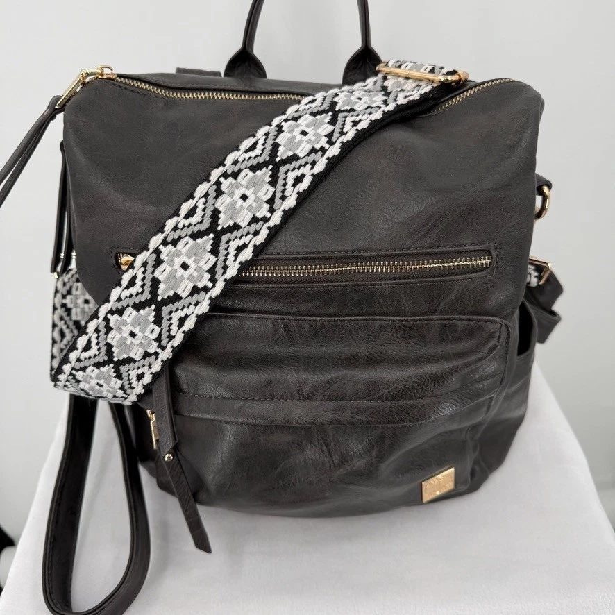 Convertible Backpack Purse Boho Vegan Leather Bag with Woven Strap - Image 2 of 4