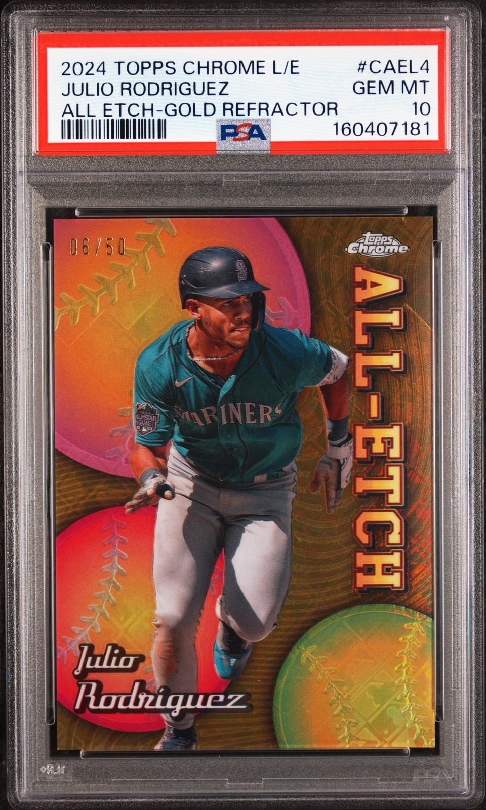 2024 TOPPS CHROME L/E CHROME ALL ETCH GOLD REFRACTOR JULIO RODRIGUEZ 6/50 PSA 10 view 1