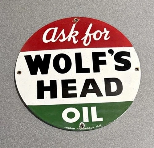 VINTAGE 12” 1948 WOLFS HEAD PORCELAIN SIGN CAR GAS OIL TRUCK GASOLINE MOTORCYCLE