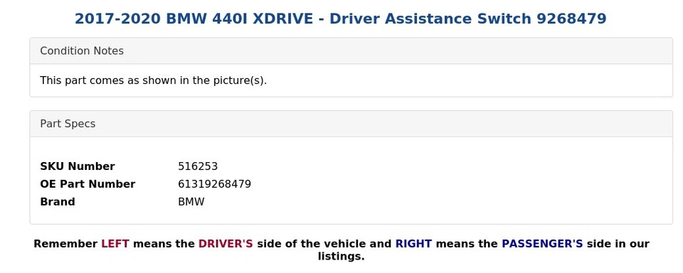 BMW 440I XDRIVE 2017-2020 - Interruptor de asistencia al conductor 9268479 Foto 4 de 4