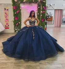 Dark Blue Sweetheart Quinceanera Dresses Ball Gown Bead Appliques Birthday Dress