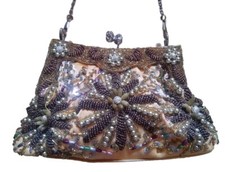 Beaded Sequin Purse Hand Bag Gold Brown Floral Prom Wedding Formal