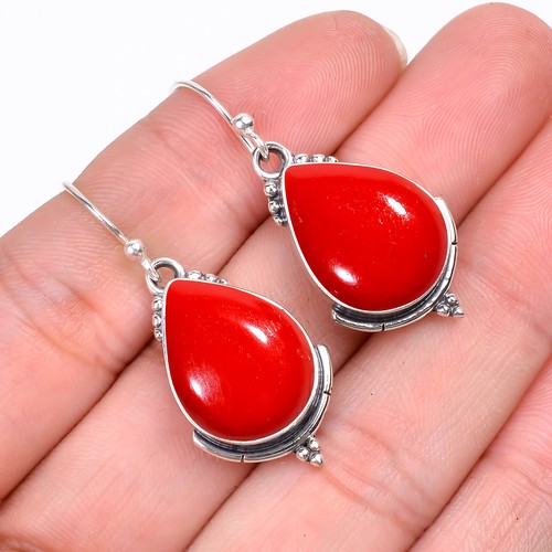 Red Coral Gemstone 925 Sterling Silver Jewelry Earring, Handmade Earring - Picture 2 of 4