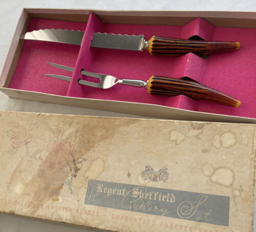 Vintage Regent Sheffield Cutlery Set in Box Carving Knife & Fork New in Box - Picture 4 of 4