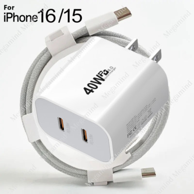 For iPhone 15 16 Pro Max Android 40W Dual USB-C Fast Charger Block Type-C Cable