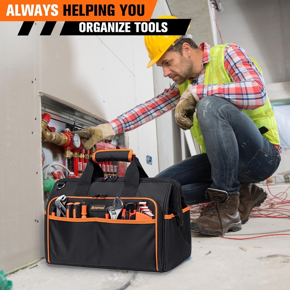 Heavy Duty Tool Bag 17.3Inch, 26Pocket Large Tool Bags for Men Women