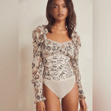 FREE PEOPLE Brunch Date Floral Thong Bodysuit Pleated Sheer Femme Size Small New