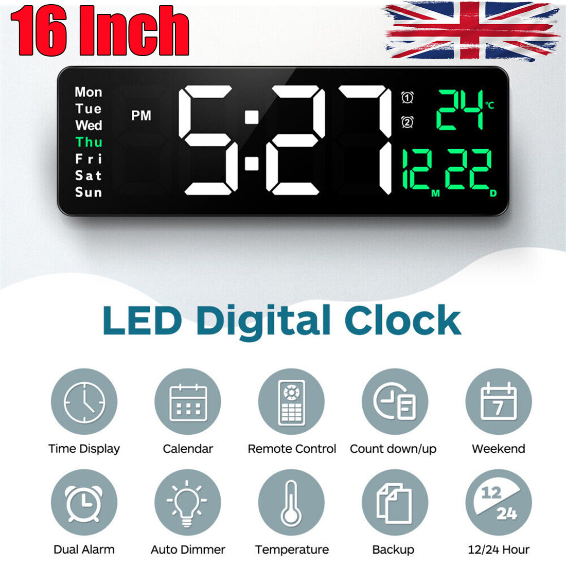 16'' Temperature Date Display Electronic Large Jumbo LED Digital Wall