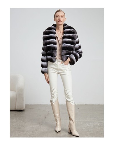Cappotto di pelliccia di coniglio donna cincillà Real Rex risvolto colletto giacca calda cappotto - Foto 8 di 8