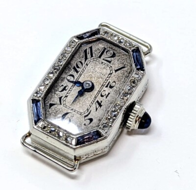 Art Deco um 1930 Saphir Diamant Uhr 750 Gold 18 Kt Weißgold