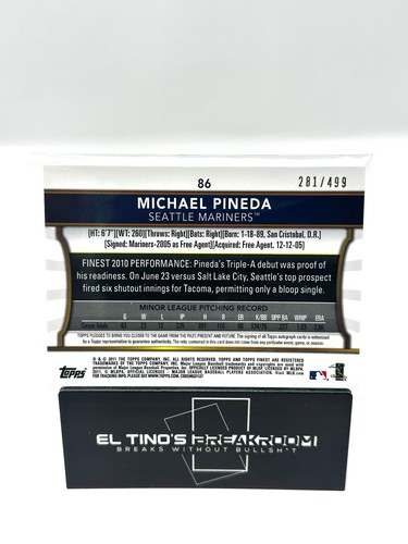 MICHAEL PINEDA 2011 Topps Finest Patch Auto Refractor 281/499 #86 SEATTLE MARINE - Picture 2 of 2