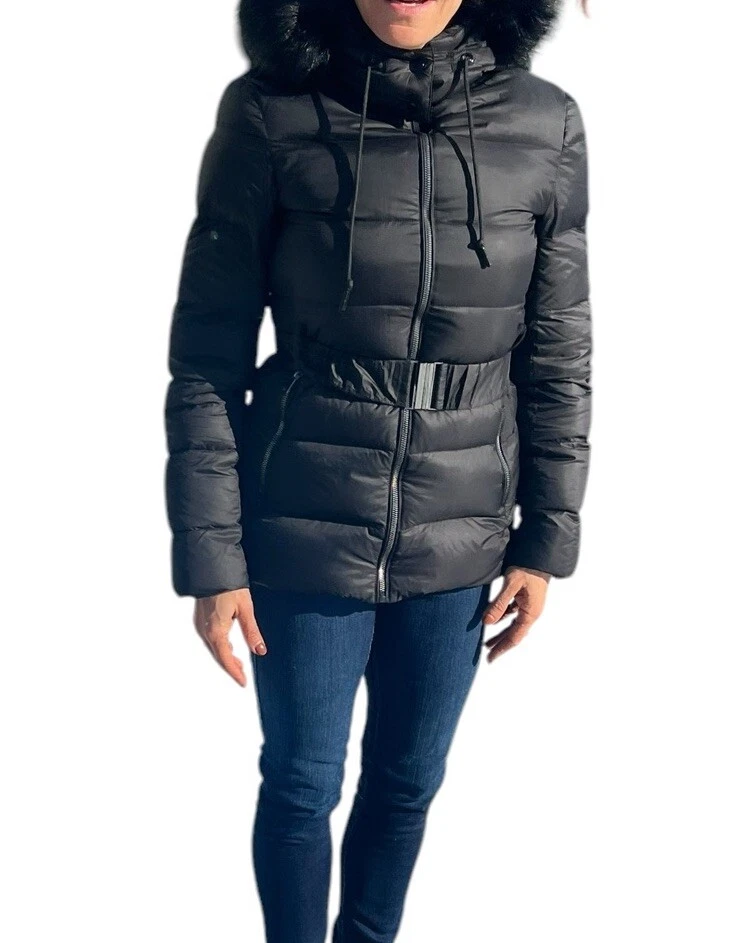 Chaqueta Abrigo Zara 2969/301 Para Mujer Negro Abajo Cinturón Puffer Imitación Piel Borde Capucha Foto 4 de 4