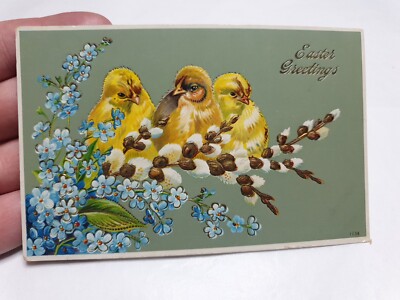 Antike geprägte deutsche Osterkarte Postkarte Baby Küken blaue Blumen goldfarben