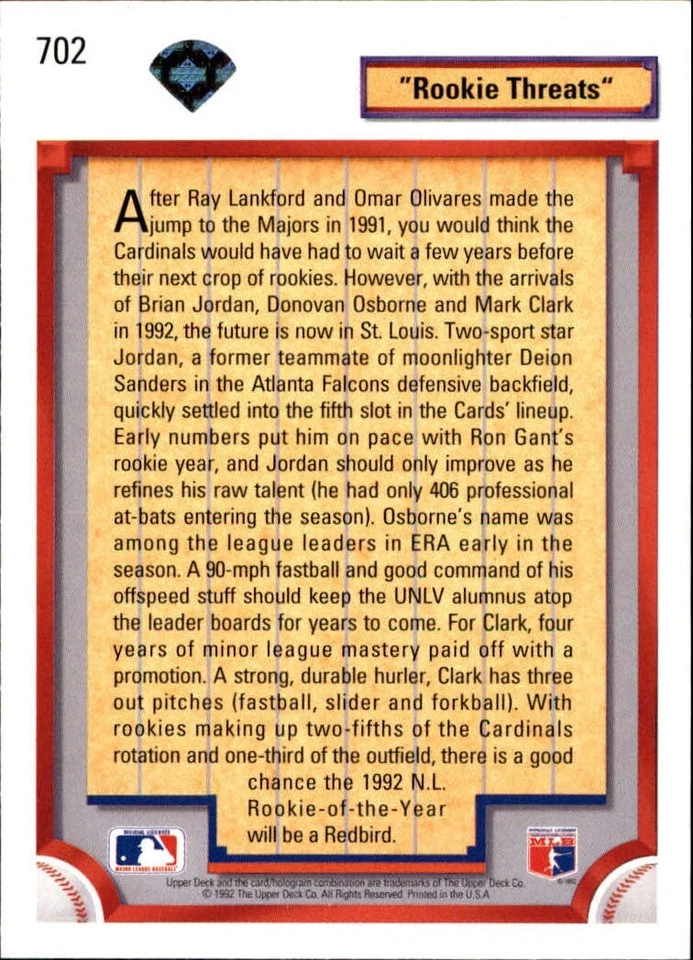 Mark Clark/Donovan Osborne/Brian Jordan 1992 Upper Deck MLB #702 Card Cardinals - Image 2 of 2