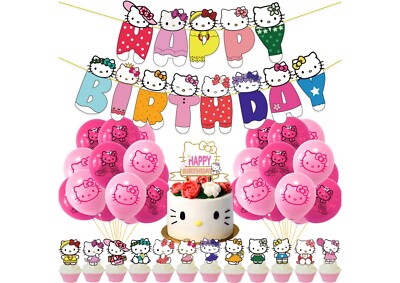 Hello Kitty Geburtstagsbanner, Hello Kitty Luftballons, Hello Kitty Tortenaufleger