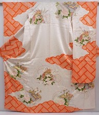 6120T12z1110 Vintage Japanese Kimono Silk FURISODE Folding fan Off-white
