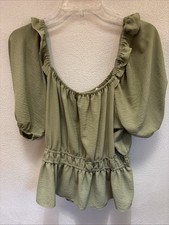Nine West Shirt Women Sz L Green Peplum Puff Sleeve Stretch Top Boho Hippy