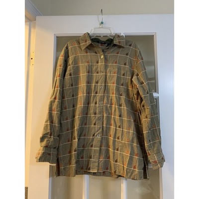 KRAZY KAT womens autumn fall leaves brown button down blouse long sleeve women M