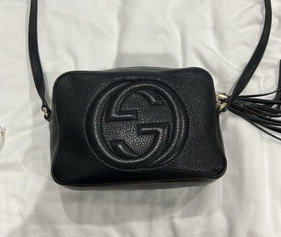 Gucci Black Small Crossbody Bag Tassel Zip Logo Gold Hardware Adjustable Strap