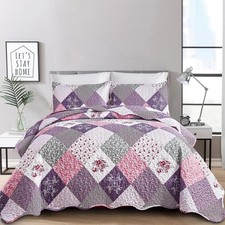 Purple Quilt Set Queen Size, Reversible Floral Plaid Patchwork Pattern Beddin...