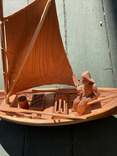 Lucien Bourgault Nautical folk art hand carved fishing sail boat Wood Carving - Picture 4 of 15