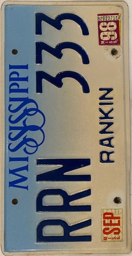 MISSISSIPI TRIPLE DIGIT 3 333 license plate repeating Rankin MS RRN 333 - Picture 5 of 7