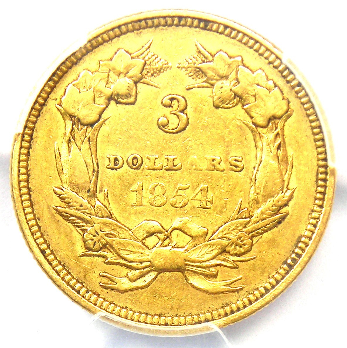 1854 Three Dollar Indian Gold Coin $3 - Certified PCGS AU Details - Rare Coin!