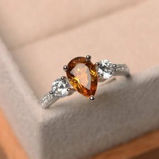 2CT Citrine Pear Gemstone 925 Silver Plated Three Stone Ring Duty Free