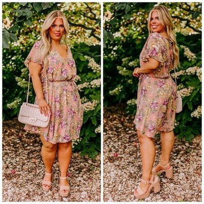 Impressions Sweet Like Honey Taupe Floral Mini Dress 2X NWT Curve Fit