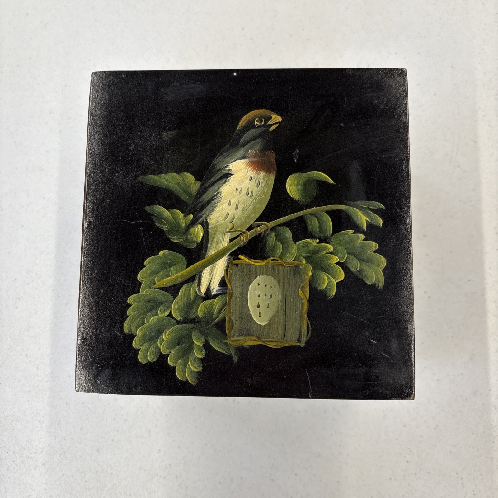 Elegant Black Jewelry Keepsake Box with Floral and Bird Decoupage Design  -image