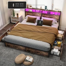 King Size Bed Frame with LED Light and Headboard &Charging &Footboard 