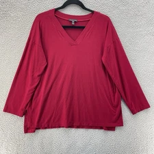 Eileen Fisher Top Women Medium Red Relaxed Boxy V-Neck Tee Comfort Casual Preppy