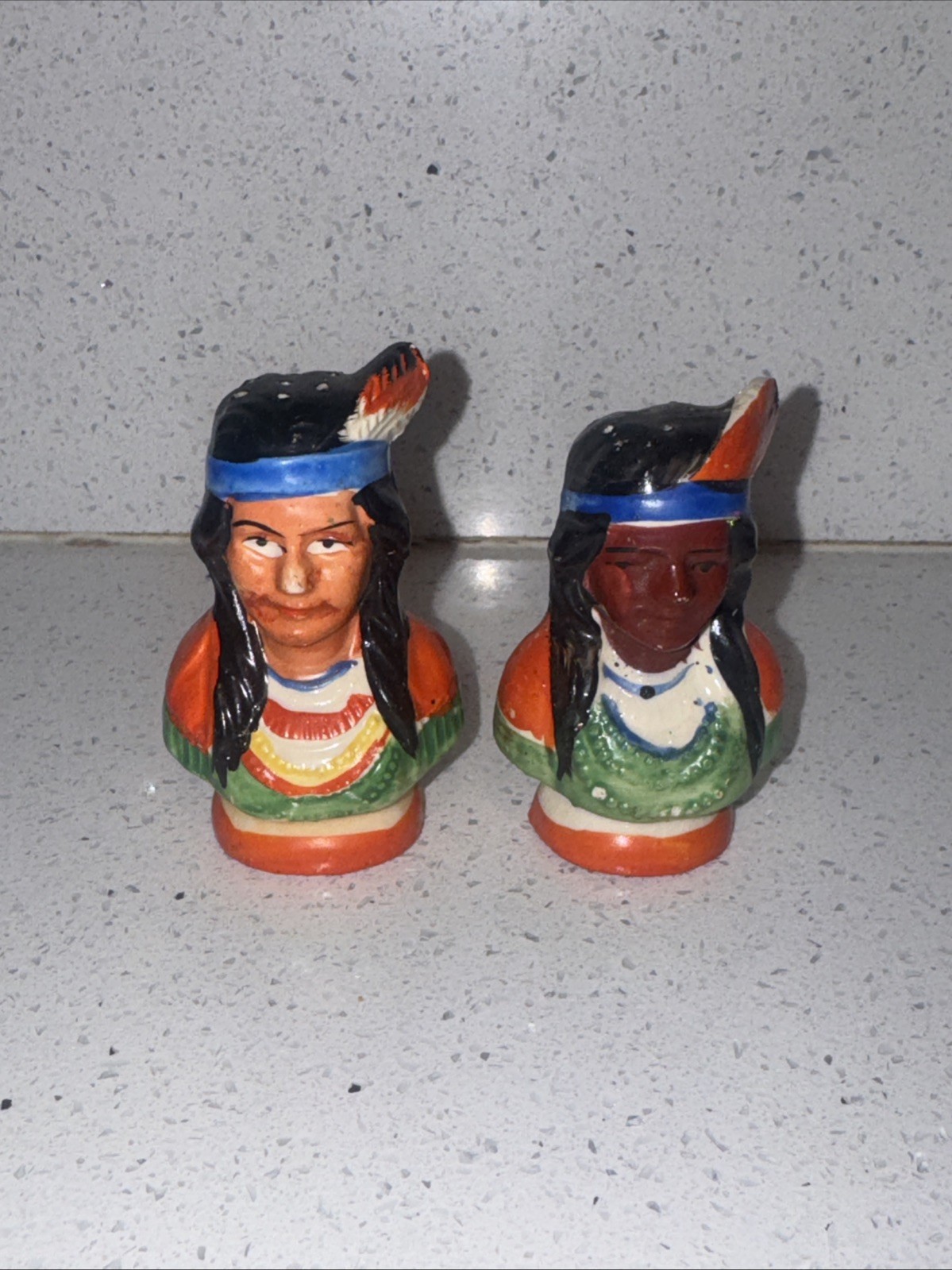 Vtg Ceramic American Indian Couple Heads Figurines Salt & Pepper Shakers Japan
