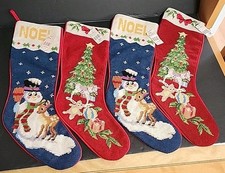 Needlepoint Christmas Stockings Wool Frosty Snowman Tree Toys Set 4 Vintage READ