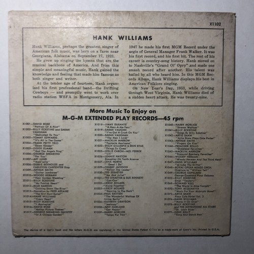 HANK WILLIAMS SINGS Vol 2 45 EP RECORD YELLOW LABEL MGM X1102 1955 w/Sleeve - Picture 4 of 4