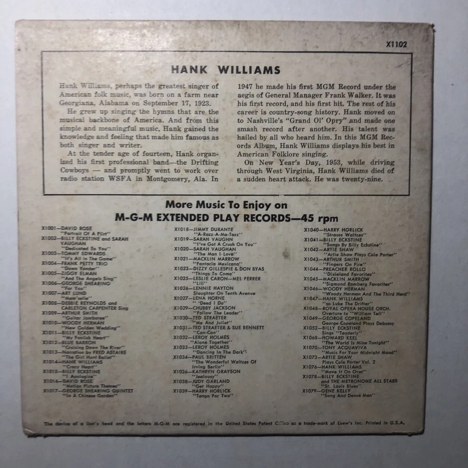 HANK WILLIAMS SINGS Vol 2 45 EP RECORD YELLOW LABEL MGM X1102 1955 w/Sleeve - Image 4 of 4
