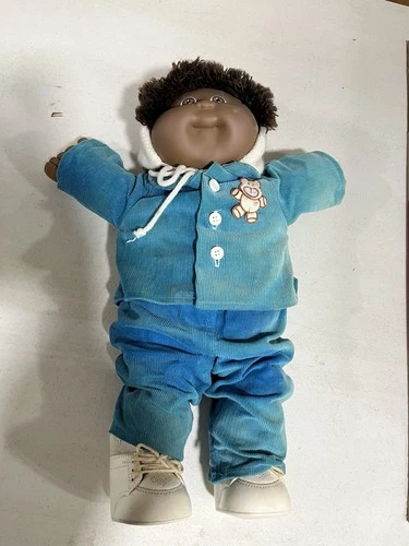 Vintage Cabbage Patch Kid Doll Brown Hair Blue Corduroy Outfit Winter Hat Mattel