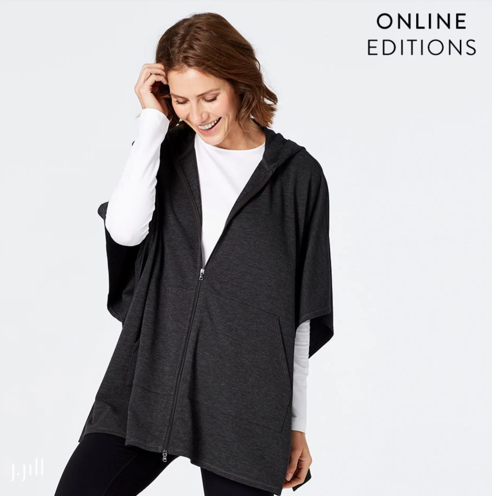 J.Jill Women's 3/4 Sleeve Heather Charcoal Fit At Ease Zip-Front Poncho Sz M-L
