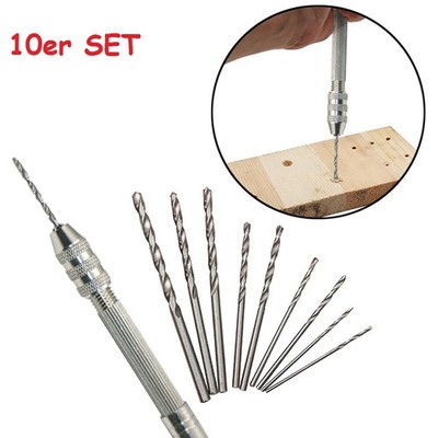 MINI HANDBOHRER SET mit 10 Spiralbohrern - Holz Modellbau Schmuck PCB Bastel NEU