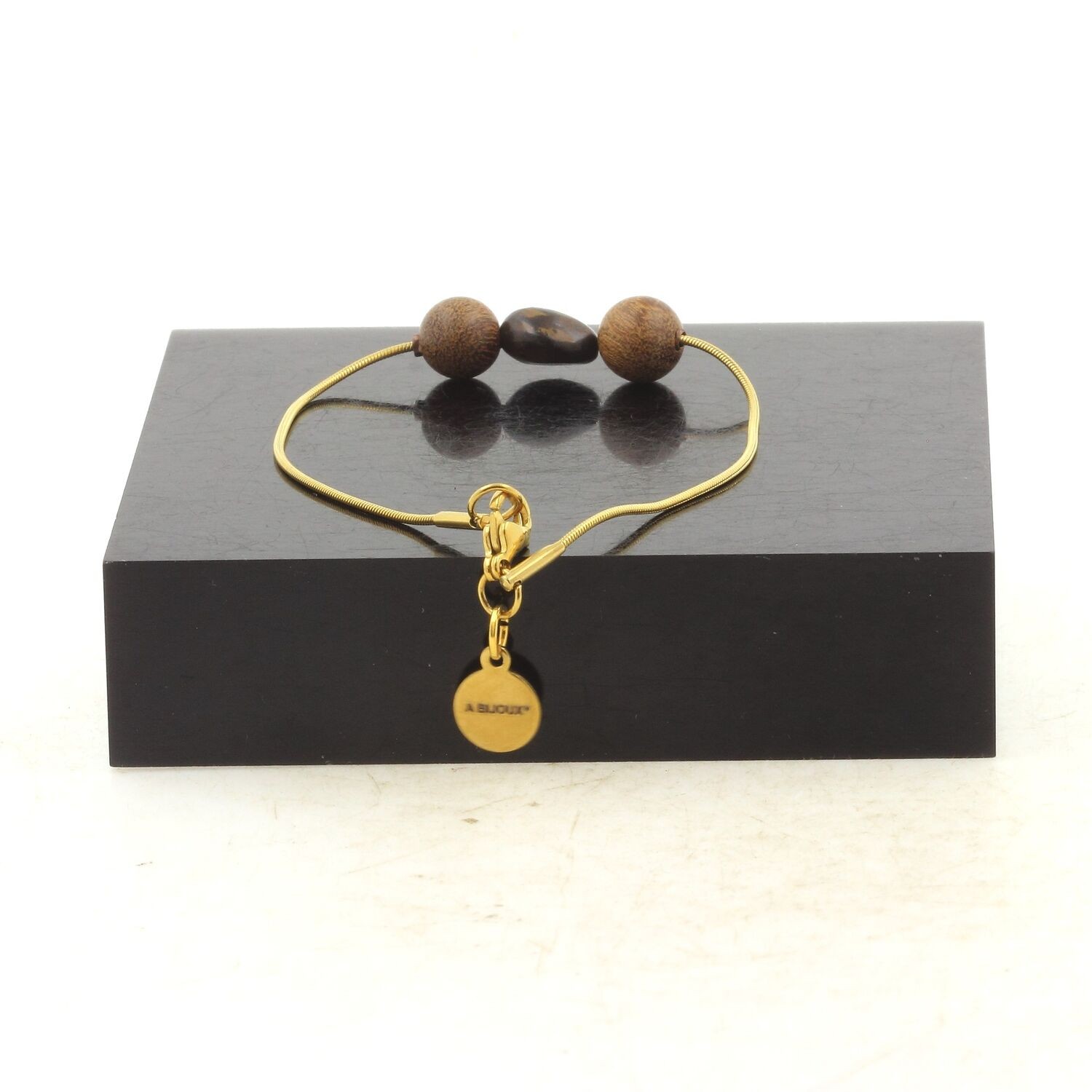 Bracelet doré en acier inoxydable et bronzite naturelle du Brésil fait main