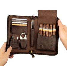Genuine Leather Passport Cigar Case Travel Set Cutter Pocket Card Holder Brown