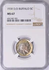 1938 D/D Buffalo 5C Nickel NGC MS67 Rainbow Toned Pastel Color Clear Doubling
