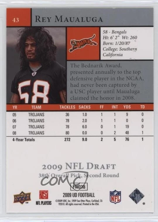 2009 Upper Deck Rookie Exclusives Rey Maualuga #43 RC - Image 2 of 2