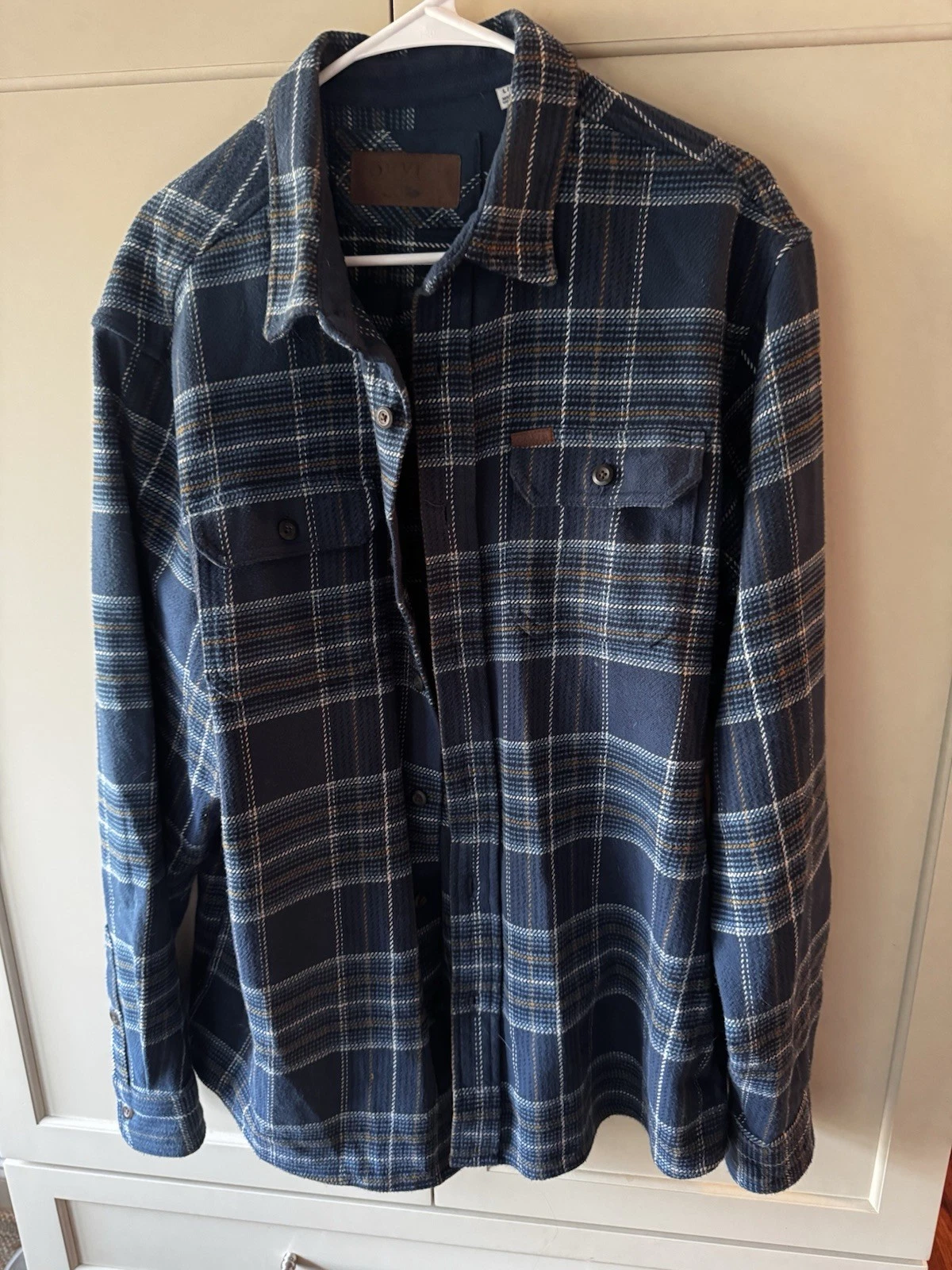 Orvis Flannel Shirt Jacket Mens Large Thick Blue Plaid Outdoor Pocket Logo
