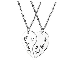 Gift for Lover His matching heart friendship necklace- his always/hers forever