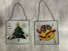 VINTAGE Set Of 2 Stain Glass Christmas Tree  Bells Sun Catchers Ornaments Used