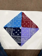 Four 100% Cotton Bandanas( Purple/Lavender Navy/Light Blue  Burgundy) 21 X 21