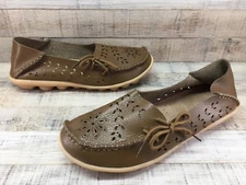 Socofy Brown Leather Breathable Floral Die Cut Loafers Women's sz 9.5 / 41